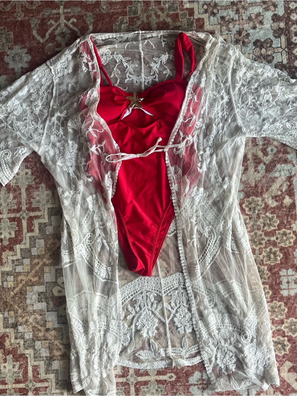 SHEIN Red One-Piece Swimsuit with White Lace Cover-Up